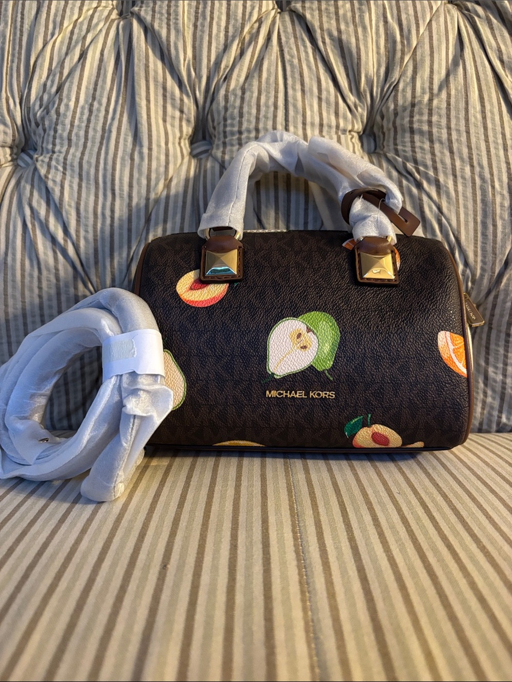 Michael Kors Brown Fruit-Print Leather Satchel